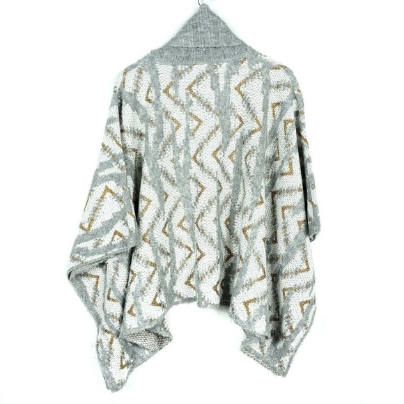 Sita Murt Womens Sweater One Size Geometric White Gray Gold Metallic Knit Poncho - Picture 5 of 7